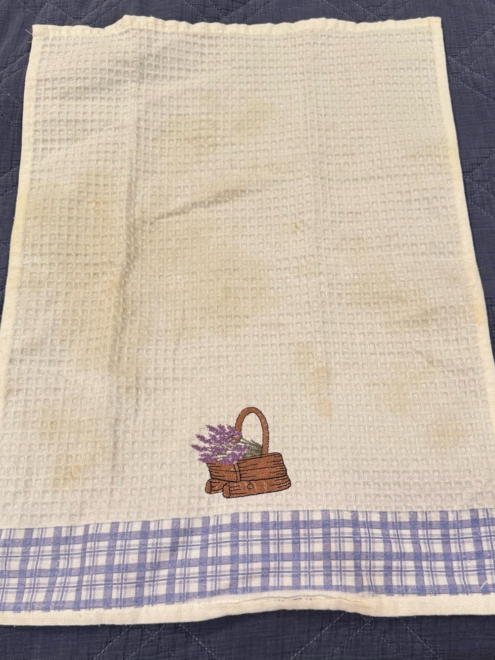 Source Unknown White Kitchen Towel with Lavender Basket Embroidery
